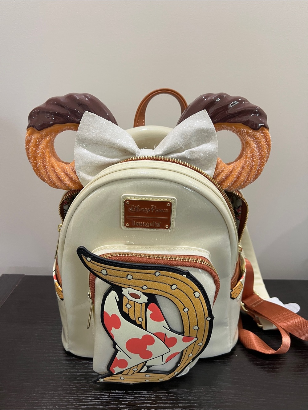 Loungefly Cream Mickey churro Ear Mini Backpack with Glitter Bow headband